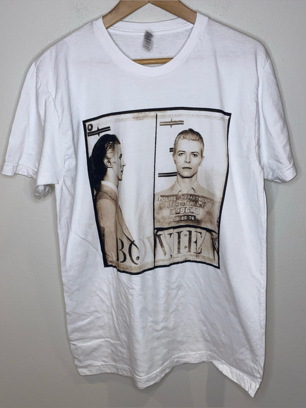 David Bowie Mugshot T Shirt Adult Unisex L White 1976 American Apparel